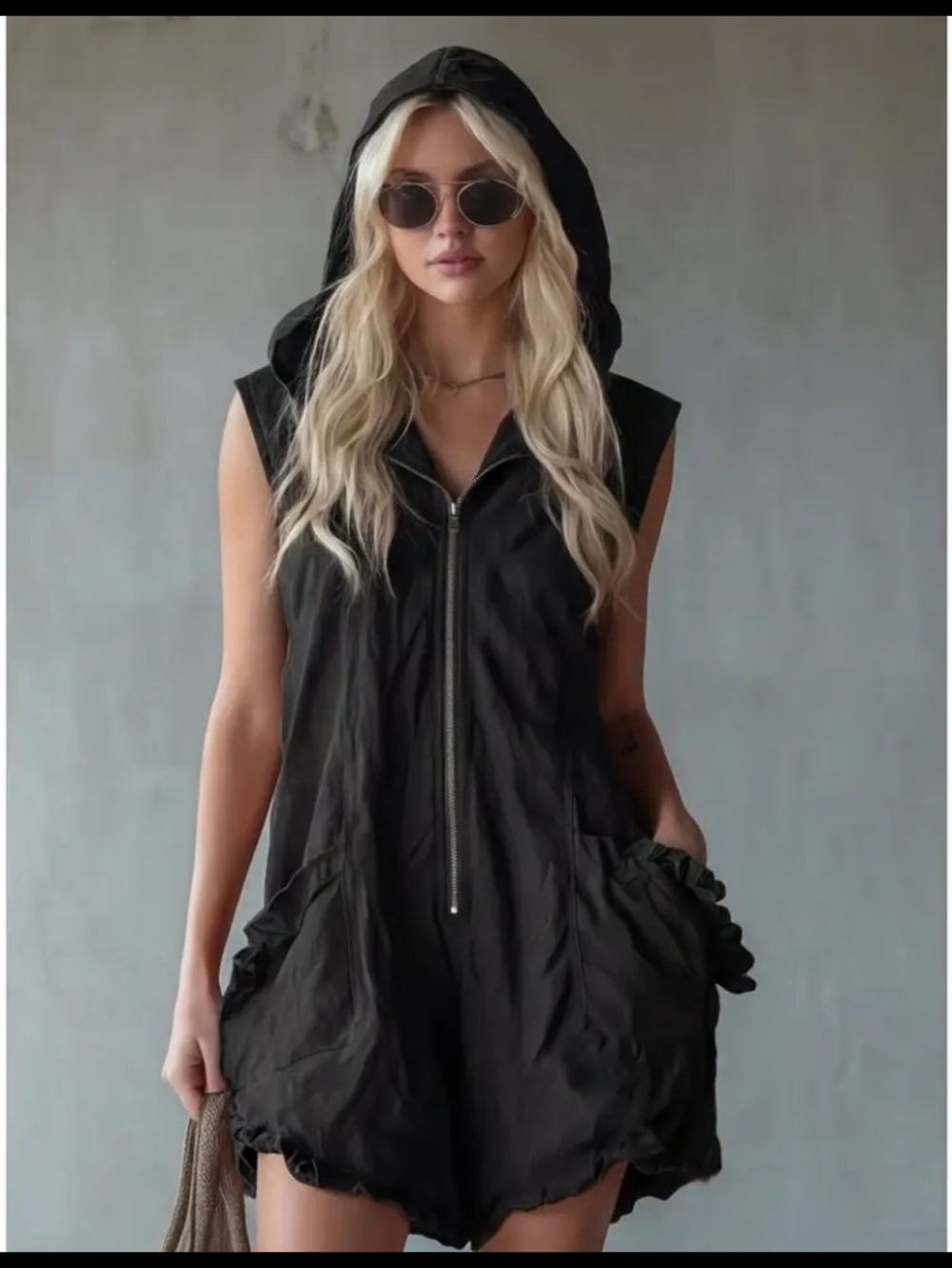 Sleeveless Hooded Zip Romper in Black